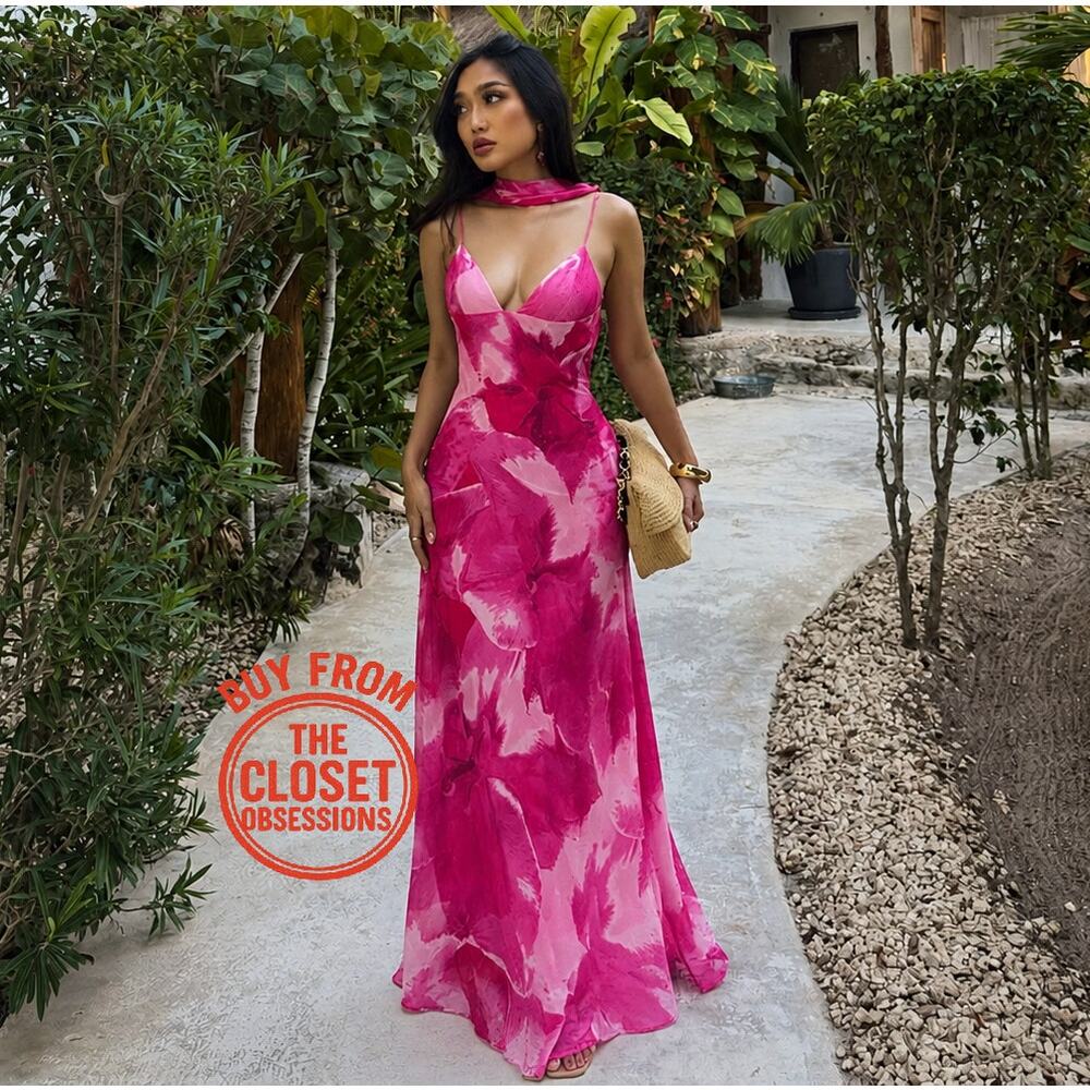 Zara NWT Pink Floral Foulard Maxi Dress Scarf S - Picture 8 of 16